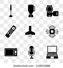 9 simple transparent vector icon pack, set of icons such as Laptop, Microphone, Microwave oven, Microchip, Extractor hood, Tv remote control, Camcorder, Blender, Vacuum cleaner
