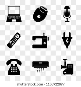 9 simple transparent vector icon pack, set of icons such as Meat grinder, Air conditioner, Telephone, Plugs, Sewing machine, Tv remote control, Microphone, Epilator, Laptop
