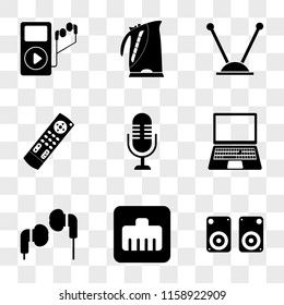 9 simple transparent vector icon pack, set of icons such as Speaker, Ethernet, Earphones, Laptop, Microphone, Tv remote control, Antenna, Kettle, Music player
