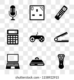 9 simple transparent vector icon pack, set of icons such as Electric shaver, Dvd player, Laptop, Hair straightener, Game console, Calculator, Tv remote control, Socket, Microphone