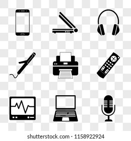 9 simple transparent vector icon pack, set of icons such as Microphone, Laptop, Cardiogram, Tv remote control, Printer, Curling iron, Headphones, Scanner, Smartphone