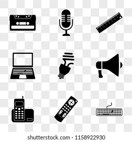 9 simple transparent vector icon pack, set of icons such as Keyboard, Tv remote control, Home phone, Megaphone, Light bulb, Laptop, Ruler, Microphone, Cassette