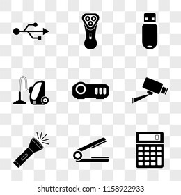 9 simple transparent vector icon pack, set of icons such as Calculator, Hair straightener, Flashlight, Cctv, Projector, Vacuum cleaner, Pendrive, Electric shaver, Connection