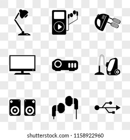 9 simple transparent vector icon pack, set of icons such as Connection, Earphones, Speaker, Vacuum cleaner, Projector, Television, Mixer, Music player, Lamp