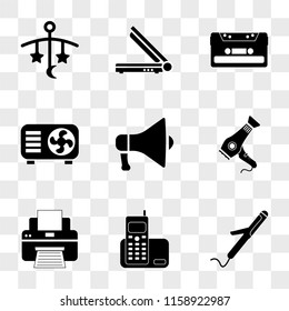 9 simple transparent vector icon pack, set of icons such as Curling iron, Home phone, Printer, Hairdryer, Megaphone, Fan, Cassette, Scanner, Baby mobile