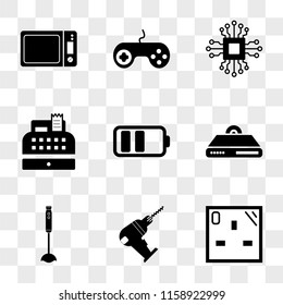 9 simple transparent vector icon pack, set of icons such as Socket, Driller, Vacuum cleaner, Dvd player, Battery, Cash register, Microchip, Game console, Microwave oven