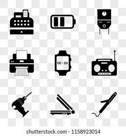 9 simple transparent vector icon pack, set of icons such as Curling iron, Scanner, Driller, Radio, Wristwatch, Printer, Water boiler, Battery, Cash register