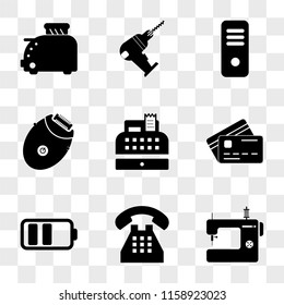 9 simple transparent vector icon pack, set of icons such as Sewing machine, Telephone, Battery, Cit card, Cash register, Epilator, Server, Driller, Toster