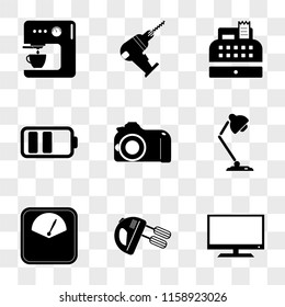 9 simple transparent vector icon pack, set of icons such as Television, Mixer, Weight, Lamp, Photo camera, Battery, Cash register, Driller, Coffee machine