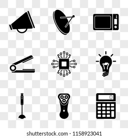 9 simple transparent vector icon pack, set of icons such as Calculator, Electric shaver, Vacuum cleaner, Light bulb, Microchip, Hair straightener, Microwave oven, Satellite dish, Megaphone