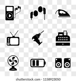 9 simple transparent vector icon pack, set of icons such as Speaker, Battery, Fan, Cash register, Driller, Tv, Iron, Earphones, Music player