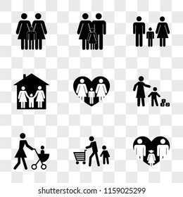 9 simple transparent vector icon pack, set of icons such as Familiar love, Father on shopping with his son, Mother walking her son a stroller, and playing cubes, Lesbian couple in heart, Family home