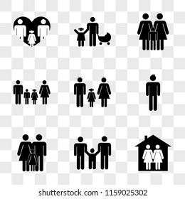 9 simple transparent vector icon pack, set of icons such as Couple two women in a house, Males family group, Mother father and daughter Boy, Family three, Familiar group four heterosexual couple