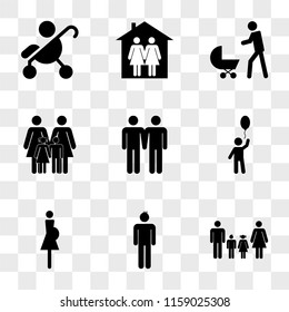 9 simple transparent vector icon pack, set of icons such as Familiar group four heterosexual couple father and mother with their son daughter in the middle them, Boy, Pregnant woman, Child a balloon