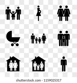 9 simple transparent vector icon pack, set of icons such as Boy, Family three in home, Couple two women a house, Male family persons, Familiar group four heterosexual couple father and mother with