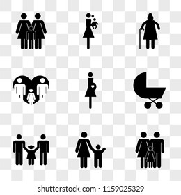 9 simple transparent vector icon pack, set of icons such as Mother father and daughter family group, with son, Men couple a daughter, Baby carriage, Pregnant woman, Familiar love, Grandmother, loving