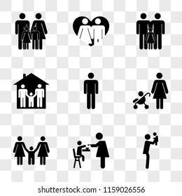 9 simple transparent vector icon pack, set of icons such as Man rising his baby from side view, Mother giving food to her son, Two women and a kid familiar group, with on stroller, Man, men couple son