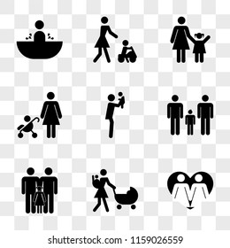 9 simple transparent vector icon pack, set of icons such as Familiar group two women couple in a heart, Mother walking with baby on her back and other stroller, three persons males daughter, Male