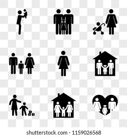 9 simple transparent vector icon pack, set of icons such as Couple with daughter in a heart, Family home, Mother and son playing cubes, group three two fathers their house, Woman standing, Familiar