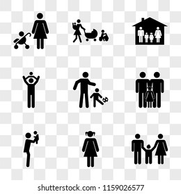 9 simple transparent vector icon pack, set of icons such as Familiar group three persons father mother and son, Young woman with two ponytails, Man rising his baby from side view, males a daughter