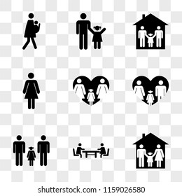 9 simple transparent vector icon pack, set of icons such as Family three in their home, Sister and brother sitting one front the other on a table waiting for lunch, Men couple with daughter familiar