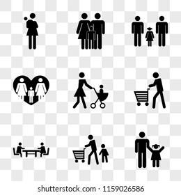 9 simple transparent vector icon pack, set of icons such as Father with daughter, on shopping his son, Sister and brother sitting one in front the other a table waiting for lunch, Man walking cart