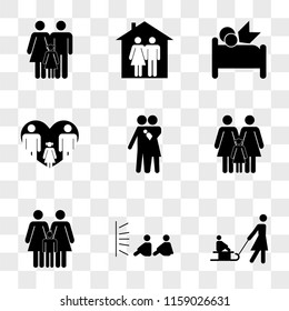 9 simple transparent vector icon pack, set of icons such as Mother carrying his son on a sled, Couple brothers sitting watching tv, Women couple with son, Three women two adults and child, baby