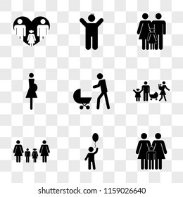 9 simple transparent vector icon pack, set of icons such as Women couple with a son, Child balloon, Familiar group two mothers one son and daughter, Family three children, Father baby stroller