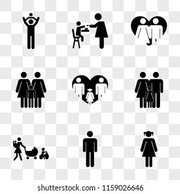 9 simple transparent vector icon pack, set of icons such as Young woman with two ponytails, Man, Mother walking three babies, father and daughter family group, Familiar love, Women couple a son