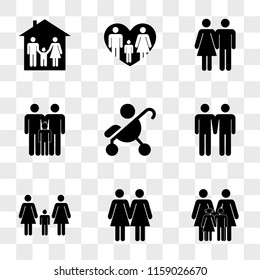 9 simple transparent vector icon pack, set of icons such as Familiar group with two mothers and childs, Women couple, couple a boy, Males Baby on stroller side view, Male family three persons, Couple