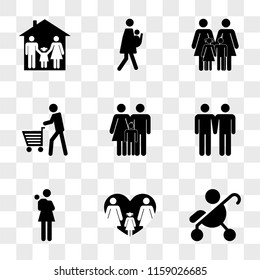 9 simple transparent vector icon pack, set of icons such as Baby on stroller side view, Love between familiar women, Mother with baby in arms, Males couple, Familiar group three persons mother father