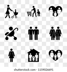 9 simple transparent vector icon pack, set of icons such as Lesbian couple with son in a heart, Family group three two fathers and daughter their house, Woman standing, Familiar mothers childs, Males