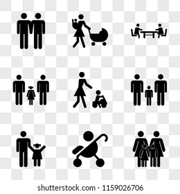 9 simple transparent vector icon pack, set of icons such as Familiar group with two mothers and childs, Baby on stroller side view, Father daughter, Male family group, playing a toy car his mother