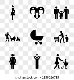 9 simple transparent vector icon pack, set of icons such as Mother walking with her son on a stroller, Father playing his baby shoulders and their pet dog at one side, Young woman two ponytails