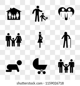 9 simple transparent vector icon pack, set of icons such as Men couple with a daughter, Baby carriage, Crawling baby, Grandfather, Pregnant woman, Familiar group three persons father mother and son