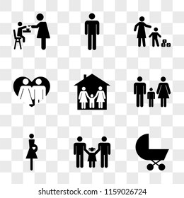 9 simple transparent vector icon pack, set of icons such as Baby carriage, Men couple with a daughter, Pregnant woman, Familiar group three, Family in home, Couple love, Mother and son playing cubes