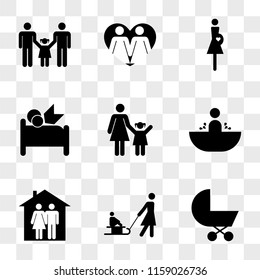 9 simple transparent vector icon pack, set of icons such as Baby carriage, Mother carrying his son on a sled, Man and woman couple in home, Boy bath, with daughter, father bed, Pregnant woman
