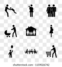 9 simple transparent vector icon pack, set of icons such as Man walking with shopping cart, Familiar meeting on table, Child a balloon, Pregnant woman, group four persons composed by two women male