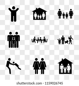 9 Simple Transparent Vector Icon Pack, Set Of Icons Such As Family Three In Home, Women Couple, Father Turning His Son Circles Around Him, Group A Couple With Children, Familiar Meeting On Table, Male