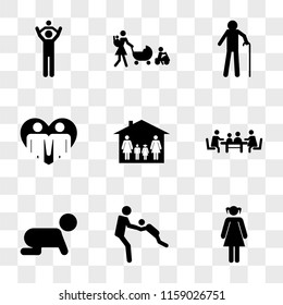 9 simple transparent vector icon pack, set of icons such as Young woman with two ponytails, Father turning his son in circles around him, Crawling baby, Familiar meeting on table, group four persons