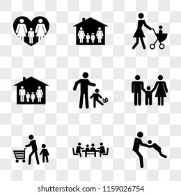 9 simple transparent vector icon pack, set of icons such as Father turning his son in circles around him, Familiar meeting on table, shopping with son, group three persons father mother and playing