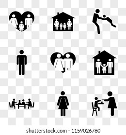 9 simple transparent vector icon pack, set of icons such as Mother giving food to her son, Woman standing, Familiar meeting on table, Family group three two fathers and a daughter in their house