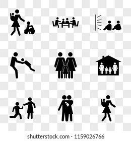 9 simple transparent vector icon pack, set of icons such as Mother walking with baby at her back, Couple baby, Man in marriage proposal position on his knee offering a ring front girlfriend, Familiar