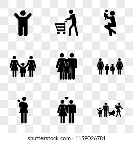 9 simple transparent vector icon pack, set of icons such as Family group a couple with three children, Couple man and woman in love, Mother baby arms, Familiar two mothers one son daughter, persons