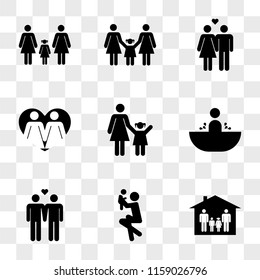 9 simple transparent vector icon pack, set of icons such as Family group two men one son and daughter, Man with a baby, Men couple in love, Boy bath, Mother Familiar women heart, Couple man woman