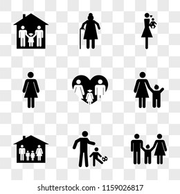 9 simple transparent vector icon pack, set of icons such as Familiar group three persons father mother and son, Father playing soccer with his four in a house, Mother Couple daughter heart, Woman