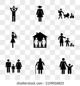 9 simple transparent vector icon pack, set of icons such as Mother with son, Grandmother, Familiar group three, and son playing cubes, Family in home, loving her baby, walking three babies, Young