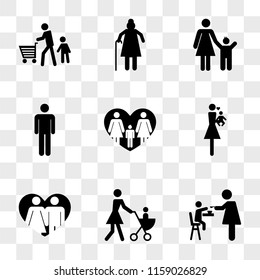 9 simple transparent vector icon pack, set of icons such as Mother giving food to her son, walking with son on a stroller, Couple in love, loving baby, Lesbian couple heart, Man, Grandmother, Father