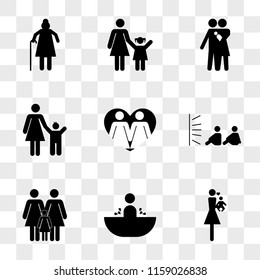 9 simple transparent vector icon pack, set of icons such as Mother loving her baby, Boy in bath, Three women two adults and a child, Couple brothers sitting watching tv, Familiar group couple heart