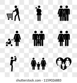 9 simple transparent vector icon pack, set of icons such as Father and mother with their son in a heart, Women couple boy, Man rising his baby from side view, Couple, Familiar group three persons two